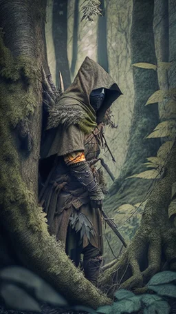 medieval hunter hiding in the woods