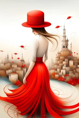 An abstract surreal painting of a woman with a red hat in front of a surreal town; symbolism; clear detailed dress with 3D texture brushlines; very very soft quilling; in the style of Hieronymus Bosch, Mandy Disher; light background; white red black gold and bronze, nature-inspired pieces; Bess Hamiti; multi-layered style; whimsical nature; ink painting; surreal style;