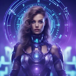 front view,A surprisingly creative and eye-catching image for youtube cover, with a large clock in the background of the image, with cybernetic costume, the background of the image is futuristic and inspiring, eye-catching, with colors shades of purple, light brunette woman and wavy hair