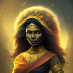 portrait, fantasy setting, woman, dark-skinned, indian, mèche ce cheveux verte