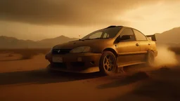 Capture a stunning and cinematographic photography featuring a 1998 black and rusty Honda Civic in a post-apocalyptic desert road enveloped by a sandstorm. Employ a post-apocalyptic photography style to authentically depict the rugged and desolate atmosphere. Ensure the scene vividly evokes the essence of a transformed world, with the weathered Honda Civic standing resilient amid the harsh conditions of the desert and swirling sandstorm.