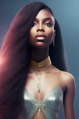 A black woman with long hair, fantasy setting, ethereal, soft lighting