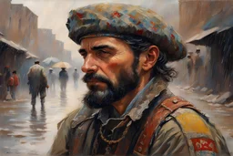 Howard Terpning oil painting a dreaming young Armenian embroidered soldier beard colored punk guy during rainy day oil painting art