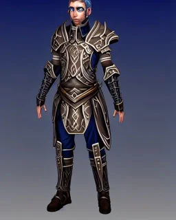 male artificer wearing rune etched armor with straight eyes