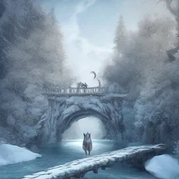 fantasy art of upper body of big wolf and wizard walking on very tight tree bridge over icy water