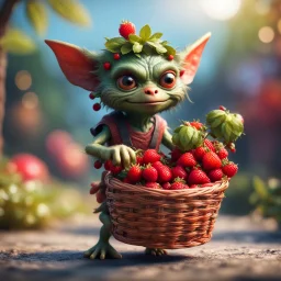 hairy groove funk ninja gremlin kobold strawberry beast hippie with long eyebrows holding a basket of berries,bokeh like f/0.8, tilt-shift lens 8k, high detail, smooth render, down-light, unreal engine