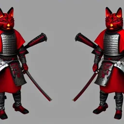 Personnage détaillé, chat, anthropomorphique, habillé comme un samurai, armure très détaillé, rouge, argent, modélisme 3d