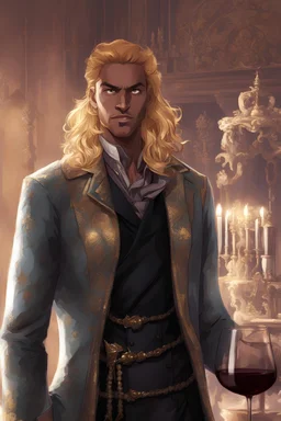 male, aasimar, brown skin, tanned, blonde hair, green eyes, large iris, slender, light blue aristocrat coat with golden motif, dark purple shirt, brown expensive pants, brown boots with golden decoration, holding wine in a glass, single character, high class party background, smirking