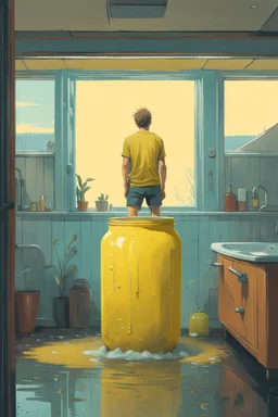 a picture of a guy bathing in a big yellow jar, he is in a boring home with his girlfriend, art style simon stålenhag
