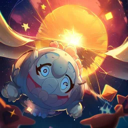 Clear focus, High resolution, A anime kid, cute, rough line skecth, flying in space, starts around kid, sparkling eyes