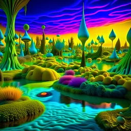 Odd swamp landscape with odd beings, surreal, Max Ernst style, Tim Burton, Harry Potter, 120mm photography, sharp focus, 8k, deep 3d field, very detailed, volumetric light, very colorful, ornate