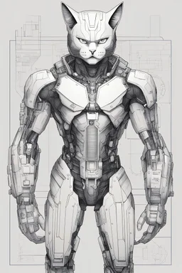 a technical drawing of a cybernetic manga cat man