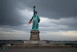 the statue of liberty, dress dirty and torn, her face solemn and terse, trash littered at her feet, she holds a crumpled american flag, she walks away with back turned under a dark and dreary sky, wide angle