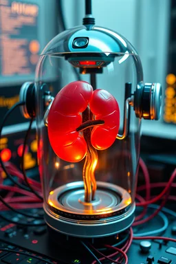 Photo of real kidney on robot face inside A glass cylinder connected with wires to main computer