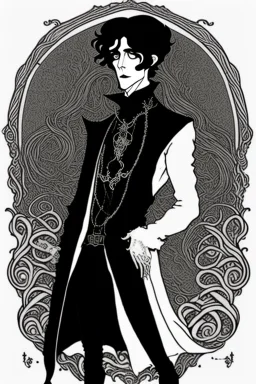 black haired young man necromancer wizard with gothic jewelry and tentacle fingers in the style of Aubrey Beardsley