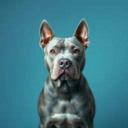 a gray pitbull in the center. background with a smooth gradient in warm blue tones, centered around the color #6CA5EC. Blend softly into complementary or analogous shades like muted aqua, seafoam, or soft mint