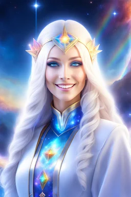 cosmic woman smile,galactic fédération, admiral from the future, one fine whole face, crystalline skin, expressive blue eyes,rainbow, smiling lips, very nice smile, costume pleiadian, Beautiful tall woman pleiadian Galactic commander, ship, perfect datailed golden galactic suit, high rank,rainbow hair, hand whit five perfect detailed finger, amazing big blue eyes, smilling mouth, high drfinition lips, cosmic happiness, bright colors, blue, pink, gold, jewels, realist, high,ufo,birds rainbow,