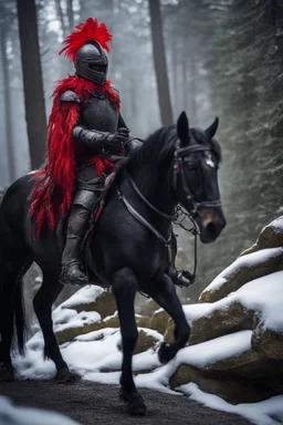 portrait of black knight using no armor, on semi transparent horse with red feather on stone bridge in mountain pass in snowy forest,shot on Hasselblad h6d-400c, zeiss prime lens, bokeh like f/0.8, tilt-shift lens 8k, high detail, smooth render, down-light, unreal engine, prize winning