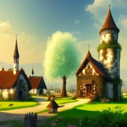 Fantasy Farming village with giant elm tree in the center of town