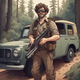 [Art Nouveau: Fujiwhara effect] Crazy artist with black goggles brown curly hair and a grayish beard in combat fatigue holding a hunting rifle in front of his international scout automobile in front of his vacation home which is in the woods