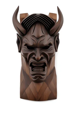 sculpture of wood totem a samourai warior head, oni, mouth open, angry face,