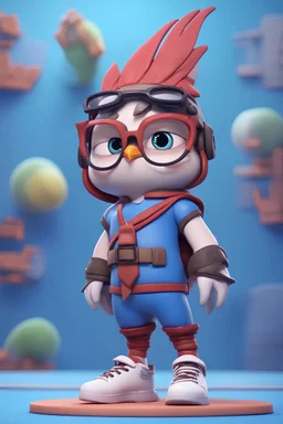 warrior, cute, 2.5D, zbrush, cartoon cute male bird with white sneakers, glasses, front view, wearing a hero costume, lit bird children, 32k uhd, round,8k,HD, blue wall background