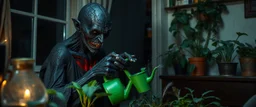 A terrifying black-charred vampire quietly watering a collection of ordinary houseplants in a small, slightly cluttered apartment at midnight. The vampire looks ancient and horrifying, its entire body blackened and fire-scorched, cracked charcoal-like skin with faint ember-red glow deep inside the fissures, soot-covered hands, pale unnatural eyes, burned and tattered clothing, traces of ash resting on its shoulders. It holds a small green watering can with careful, gentle precision, completely a