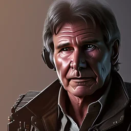 portrait of harrison ford as captain han solo, brown eyes, realistic, rough facial skin, cinematic lighting, photorealistic, volumetric light and shadow, hyper HD, octane render, unreal engine, insanely detailed and intricate, hyper-realistic, space background