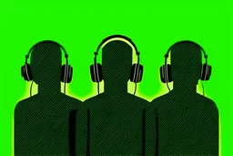 Silhouette of three men people wearing headphones, green background