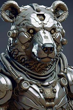 3D Portrait of a realistic cyborg bear in natural colour wearing armor in realism