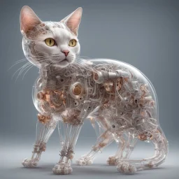 Mechanical anatomy of a cat being, transparent skin revealing all the mechanisms 8k