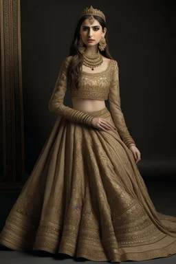 This lehenga is perfect for a wedding or other special occasion. It is made of a luxurious silk fabric and features a flared skirt and a fitted choli. The skirt is embellished with intricate embroidery and beadwork all over. The choli is also embellished with embroidery and beadwork at the neckline and cuffs.