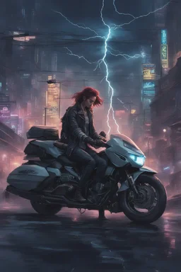 Science fiction, cyberpunk, city street, couple girl and guy, together, love at first sight, forbidden love, storm, lightning, motorcycle