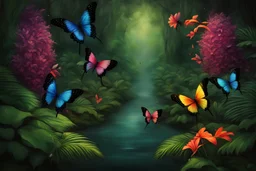 exotic dark humid rainforest, colorful floers, butterflies, sparkling dragonflies.