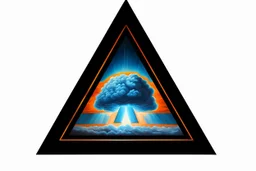 a nuclear explosion cloud, behind an orange glowing omega like shape, all inside an equilateral triangle, radiant lines, oil painting