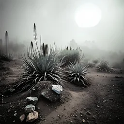 A striking quality Kodak photograph captures a wasteland with a group of plants, creepy, details of the dust very accentuated, glossy organic mass, adorned with minerals and rocks. Bathed in intense light, eerie, Max Ernst style, black sun, fog