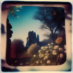 Polaroid photo of a peaceful marvelous landscape, trees, flowers, giant sun, sharp focus, bas-relief, decal, very spooky figure, intricate, rock formations, atmosphere of a Max Ernst painting, Henri Rousseau, thoughtful, interesting, a bit appalling, smooth