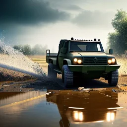 photorealistic shot, muddy military toy truck, monotone color palette, sharp focus, puddle reflection, tire water splash, refraction, mist on the horizon, shadowcast, detailed and intricate, cinematic composition, micro, tilt shift photography