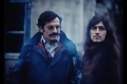 a man and a woman standing next to each other, 1 9 7 0 s analog video, with mustache, assyrian, small glasses, cold scene, out of focus background, house on background, the woman has long dark hair, the photo shows a large, deiv calviz, before the final culling