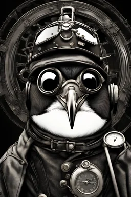 пингвин в шлеме с градусником смотрит влево очень холодно в стиле стимпанк