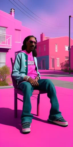 Snoop dogg, sitting. a chair. pink houses, pink sky, pink smoke, trees, outdoors. Groove street. 28mm