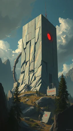Bosch painting style giants alien building the paramount carrying a big cubicle stones