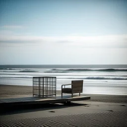 A minimalist photography of some metaphysical objects made of steel in an empty room, beach and sea in the background, dadaism and brutalism