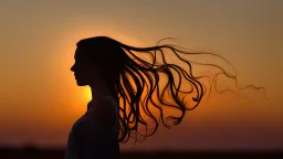 Silhouette of the head of a young lady with long flowing hair in a slight breeze. At sunset in Czech nature.