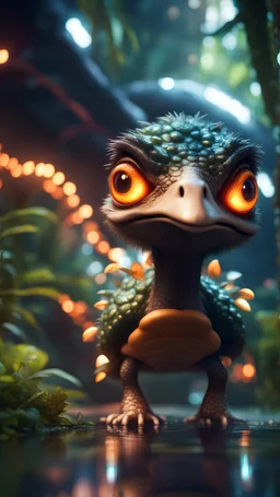 Fire breathing space ostrich turtle dragon with friendly cute face and hair like a rocker, in dark lit reflective wet jungle metallic hall dome hotel tunnel, in the style of a game,bokeh like f/0.8, tilt-shift lens 8k, high detail, smooth render, down-light, unreal engine, prize winning