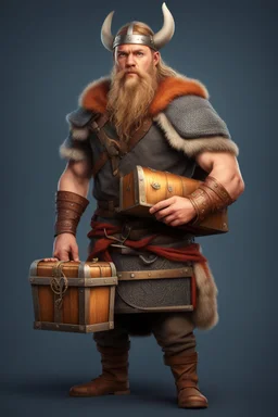 viking holding a treasure chest realistic style