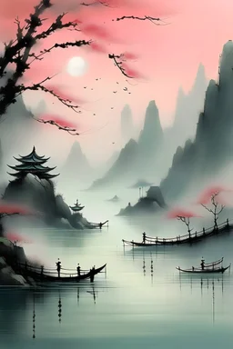 A misty mountain range with ancient temples perched on cliffs, overlooking a flowing river. Bamboo forests and cherry blossom trees surround the scene. Ethereal mist rises, and a stone bridge arches over the river. Traditional boats float on the water, with a tranquil dawn casting a gentle glow. Add pagodas, lanterns, and silhouettes of warriors practicing calligraphy. --style Chinese ink art