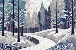 random color Zentangle patterns in the styles of Gustav Klimt ,Wassily Kandinsky, Paul Klee, and Kay Nielsen that depicts a quiet snow clad winter forest with fine ink outlining