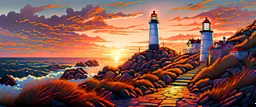 coastal street, intricated details, sunset, hill background, lighthouse, painting style, dramatic lighting