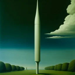 A pale greenish white missile facility in the sky painted by Rene Magritte
